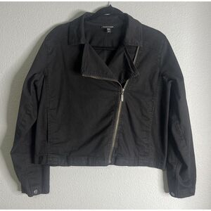 Eileen Fisher Denim Short Jacket Size M Biker Grunge Asymmetrical Zip Streetwear